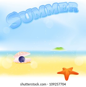 summer sign with beach blur background with green island, sea star and black pearl shell
