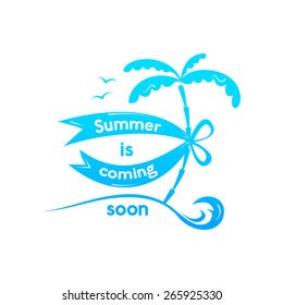 Summer sign, summer is coming soon, retro typography, sea and beach logo on water background