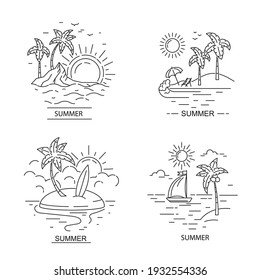 Summer Sign Concept Black Thin Line Label Badge Set. Vector illustration of Sticker with Sun and Sea