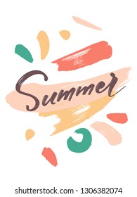 Summer sign with dusty pastel paint brush strokes, hand lettering composition for poster, banner, social network, sale, special offer