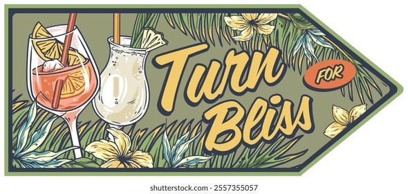 Summer sign featuring vibrant tropical cocktails, colorful flowers, and lush palm leaves, radiating bliss and inviting a sense of relaxation and enjoyment in a paradise setting