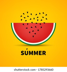 Summer sign. Hello summer! Rot, pint watermelon with seeds and heart. Yellow square vector banner. Summer mood. Fruit juicy slice on sunny beach background.