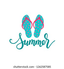 Summer Sign Logo, Lettering And Flip-flops Drawing, Flat Design, Bouncy Modern Calligraphy Style, Single Word With Icon, Teal And Pink Color Polka Dot, For Card, Surface Print. Minimalism Concept.