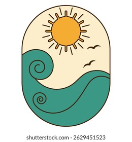 summer sign with ocean waves, sun and seagull