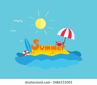 Summer sign on dessert island. flat design. Crab, summer , surfing board.
