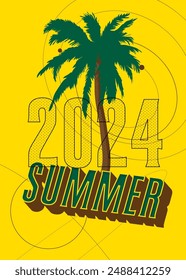 Summer sign with palm tree and 2024 number. Minimal abstract vector illustration.