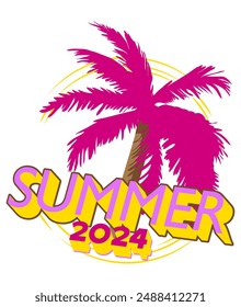 Summer sign with palm tree and 2024 number. Minimal abstract vector illustration.