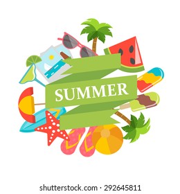 Summer sign with summertime icons: palms, sunglasses, ice creams, cocktail, beach ball, beach umbrella, photos, drink, surf, in flat design style,  vector illustration. Vacation concept