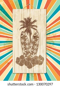 Summer Sign with Surfboards, and Palm Trees on a Star burst Background