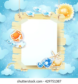 Summer signboard with shells on sky background. Vector illustration