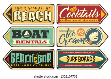 Summer signs collection. Beach, cocktails, ice cream, boat rentals, beach bar, surf boards. Seasonal posters and sign boards collection. Retro vector ads. Vintage illustrations.