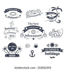 Summer signs set, retro typography, sea and beach logos 