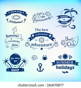 Summer signs set, retro typography, sea and beach logos on water background 