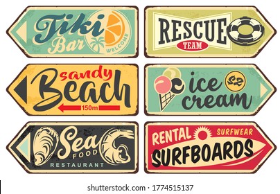 Summer signs vintage collection. Tiki bar, beach, sea food, ice cream, surfing signboards set. Vector illustration.