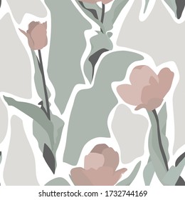 Summer Silhouette Abstract seamless pattern with leaves and  tulip flowers. Background with florals vector on modern style.