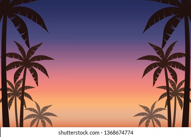 Summer silhouette coconut trees at sea beach sunset sky. Vector background for decorate design.