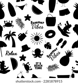 Summer silhouette pattern  cartoon elements set flat style