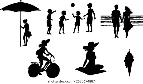 Summer Silhouettes of Beach Life, Outdoor Fun, and Vacation Activities Vector Set