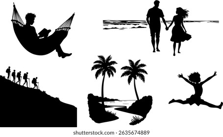 Summer Silhouettes of Beach, Vacation, Family, Outdoor Fun Vector Set