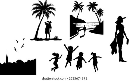 Summer Silhouettes of Beach, Vacation, and Fun Activities Vector Set