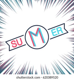 Summer. Simple creative label with effect anaglyph. Red and blue channel. Speed lines background.
 Vector illustration