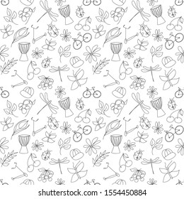 Summer: simple drawings seamless pattern, vector illustration, coloring page, transparent swatch.