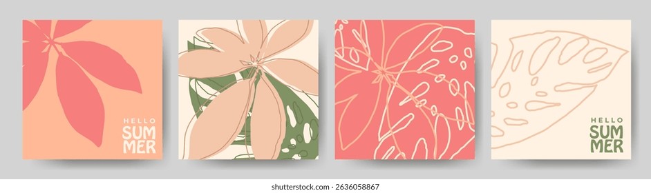 Summer simple leaf illustration bundle. Botanical poster set. Creative tropical foliage compositions for posters, branding, invitations, social media posts or decorative stationery