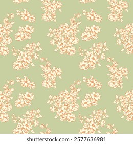 Summer simple pattern with artistic abstract bouquets flowers. Stylized blooming seamless florals print on a pastel mint green background. Vector hand drawing. Nature ornament for designs fabric