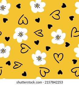 Summer simple retro seamless pattern with flowers and hearts. Hippie aesthetic print for fabric, paper, T-shirt. Romantic vector illustration for decor and design.
