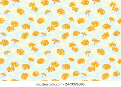 Patrón simple sin costuras de verano con Formas abstractas florales. Impresión de flores ditsy amarillas creativas sobre un fondo azul. Vector dibujo a mano boceto. Plantilla para diseños, tela, textiles
