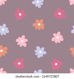 Summer simple seamless pattern with multicolour flowers. Groovy hippie aesthetic print for fabric, paper, T-shirt. Doodle vector illustration for decor and design.


