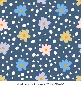 Summer simple seamless pattern with multicolour flowers and spots. Groovy hippie aesthetic print for fabric, paper, T-shirt. Doodle vector illustration for decor and design.


