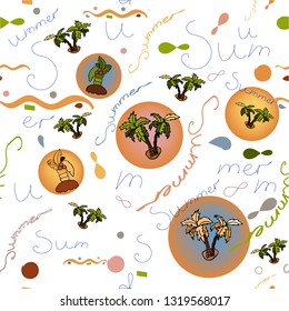 Summer simple seamless pattern with rounded sun and palm trees
