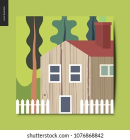 Summer simple things - landscape with a wooden house with a red roof surrounded by trees and a white fence on the foreground, green summer landscape, postcard