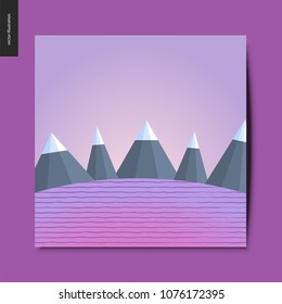 Summer simple things - mountains on the background of striped field, landscape in purple tint