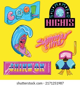 Summer six pack of vector stickers, cool, summer nights, watermelon surfing, summertime, pool boy, and shine on, variety of slick and bright styles