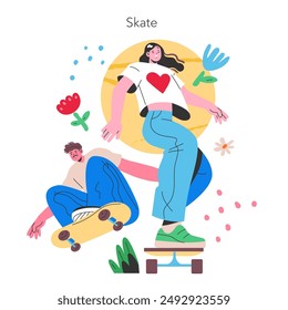 Skateboard-Szene im Sommer. Freizeitfreunde genießen Skateboard in einem Park mit lebendigen floralen Elementen. Unbeschwerte urbane Jugendlichkeit. Vektorillustration.