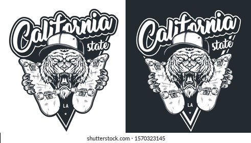 Summer skateboarding vintage monochrome badge with angry tiger in baseball cap holding skateboards isolated vector illustration