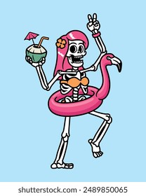 summer skeleton in flamingo float illustration