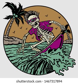 summer skeleton on surfing board in beach