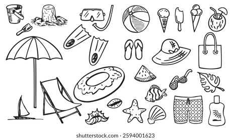Summer sketch vector icon set. Hand drawn beach doodle set. Summer holidays, travel. Swimsuit, palm tree, sunglasses, beach mat, beach bag, sunscreen. 