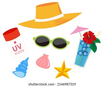 Summer Illustration.　Sunscreen.　Hats . Skin care .