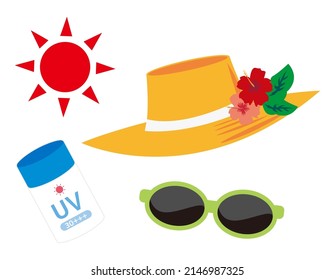 Ilustración de verano. Pantalla de sol. Sombreros. Cuidado de la piel .