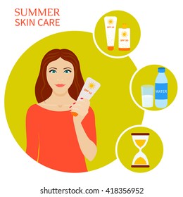 Summer skin care set. Sun protection infographic elements. Beach safety rules. Vector illustration.
