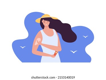 Summer skin care and sunscreen protection concept. Vector flat people illustration. Woman apply sun cream on sky background. Design for beauty industry, tourism and healthcare