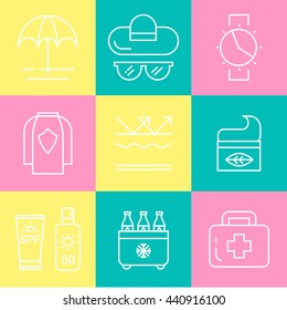 Summer skin protection icons.
Sun and beach safety set. For web, infograhics, print. Cancer skin protection.