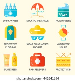 Summer Skin Protection Icons.
Sun And Beach Safety Set. For Web, Infograhics, Print. Cancer Skin Protection.