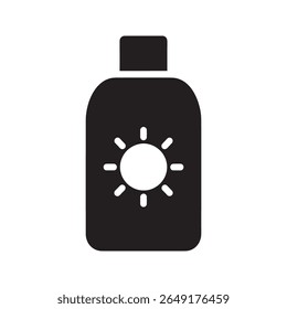 Summer skincare product icon with a sunscreen bottle for UV protection and skin health maintenance during sunny weather and holidays vector solid glyph icon