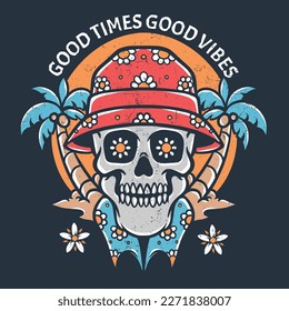 summer skull with bucket hat vector