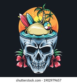 summer skull contains surf board, coconut tree, and ball. artwork vector